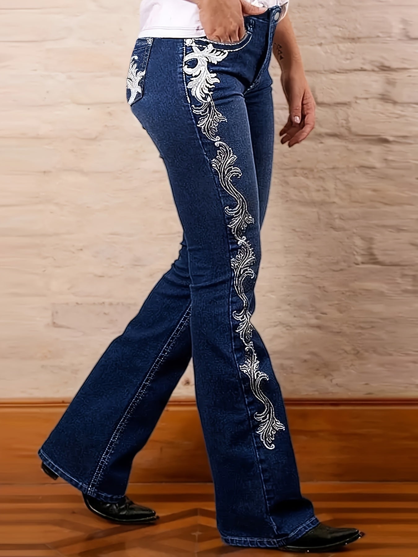 Women’s Flare Jeans – Dark Blue Bootcut with Side Print Design