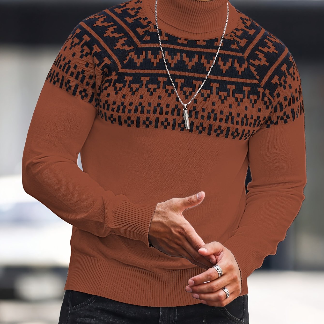 Suéter de cuello alto geométrico para hombre - Suéter informal de punto para otoño e invierno