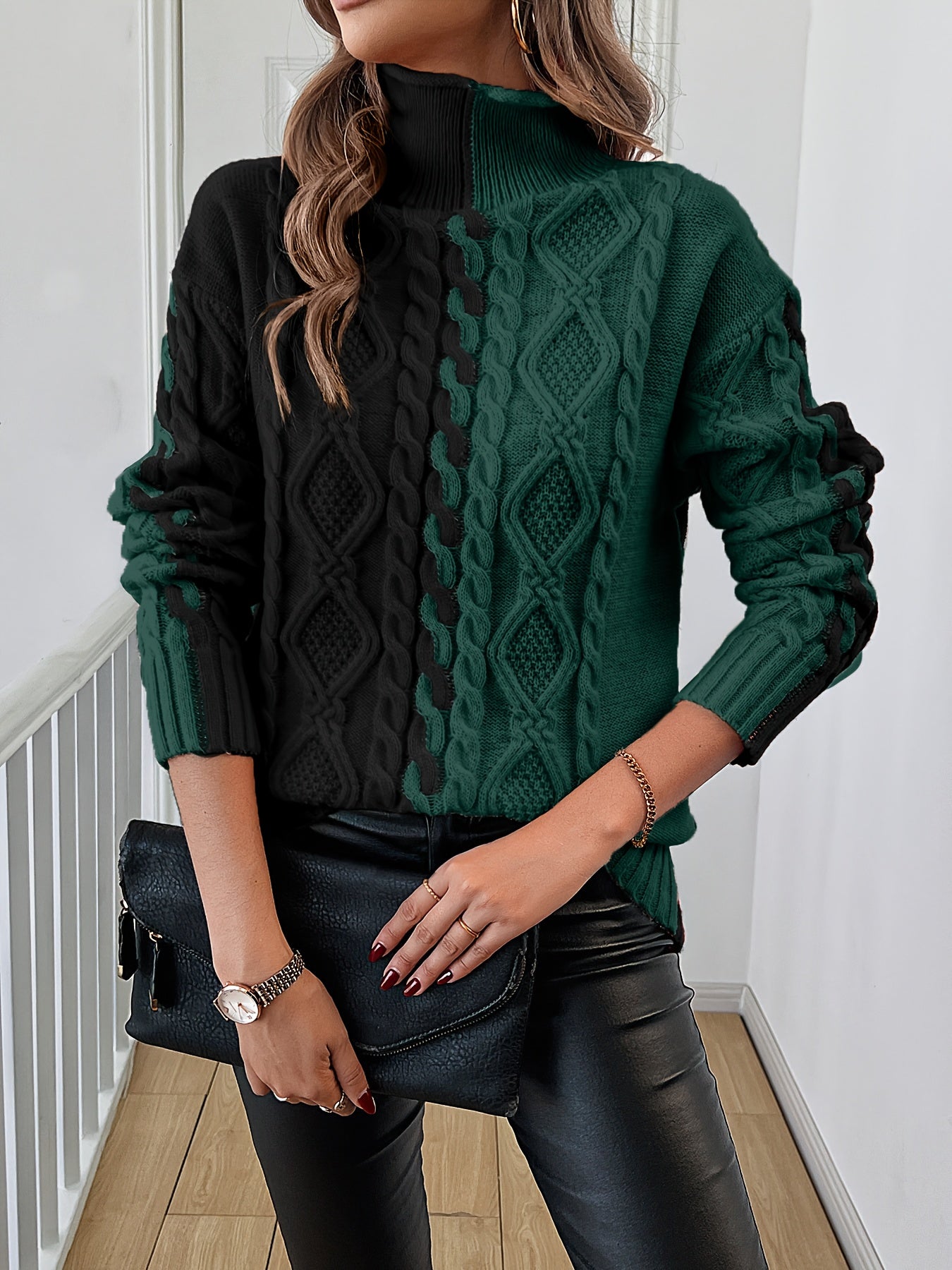 Elegant High-Neck Striped Blouse – Color-Block Knit Long Sleeve Top