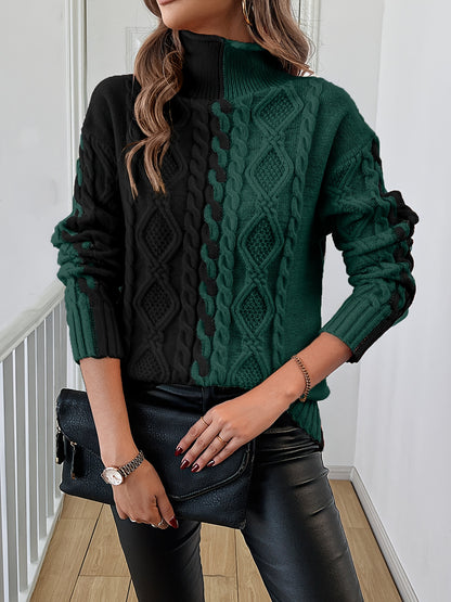 Elegant High-Neck Striped Blouse – Color-Block Knit Long Sleeve Top