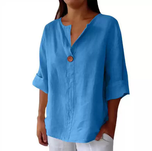 Loom & Soul™ Women’s V-Neck Cotton & Linen Button Top – Long-Sleeve Loose Pullover Blouse