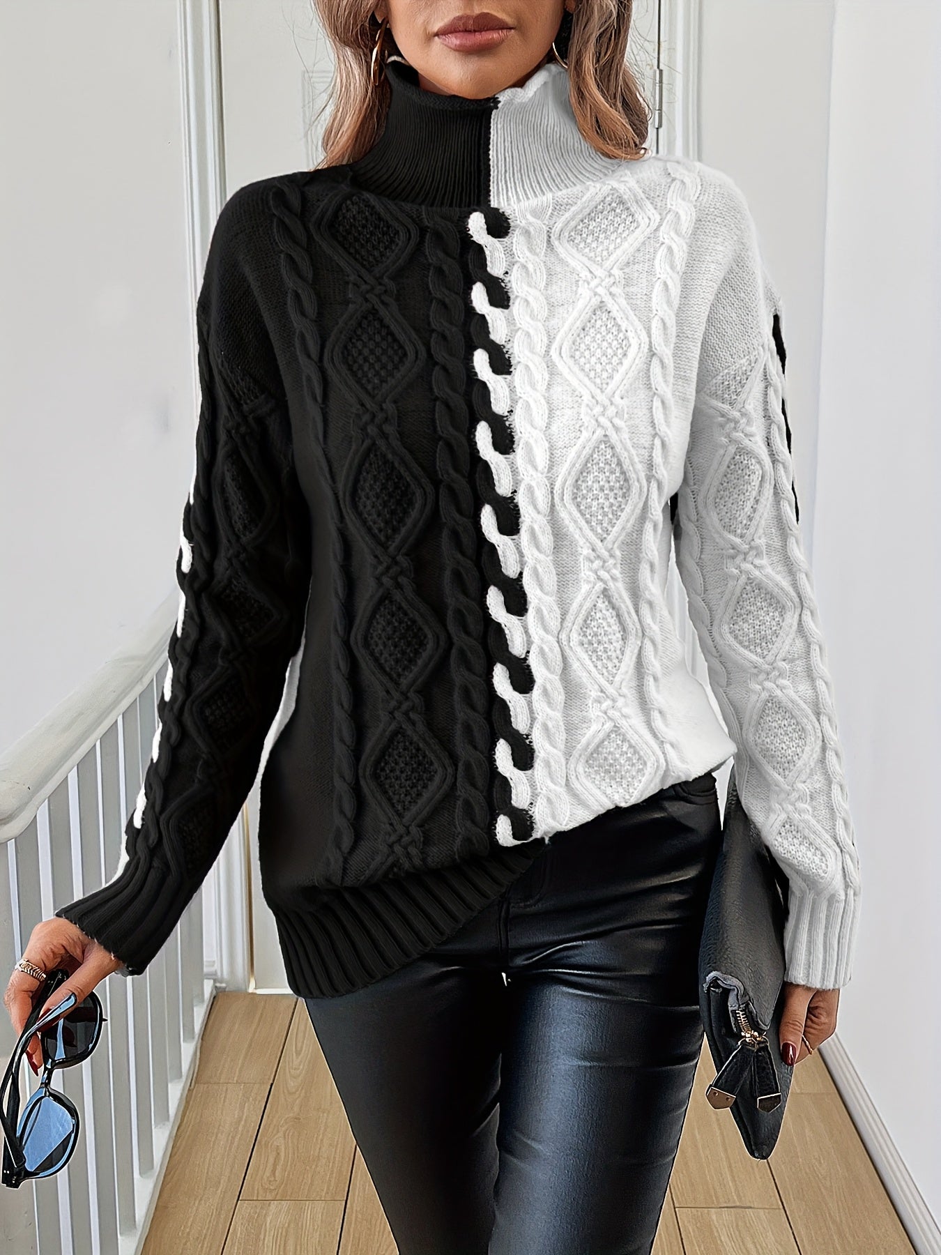 Elegant High-Neck Striped Blouse – Color-Block Knit Long Sleeve Top