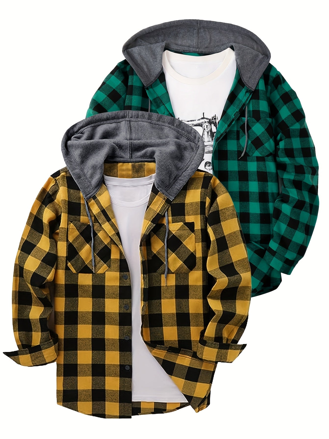 2-Piece Men’s Plaid Hooded Shirts – Button-Up Sweater Jacket Set