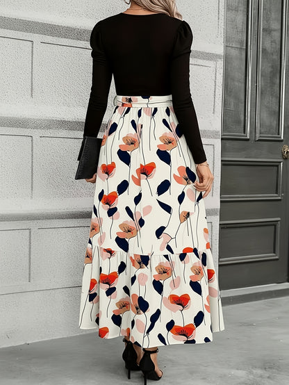 Robe longue portefeuille bleu marine à imprimé floral – Robe trapèze élégante de style rétro