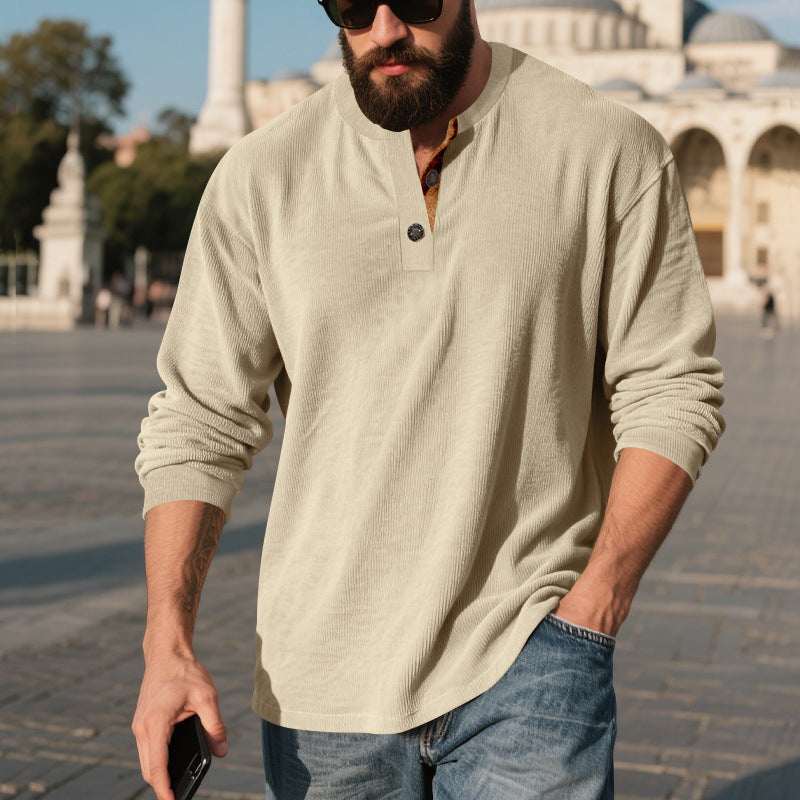 Chemise Henley côtelée rétro pour homme – Coupe ample à manches longues
