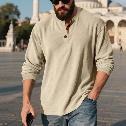 Chemise Henley côtelée rétro pour homme – Coupe ample à manches longues