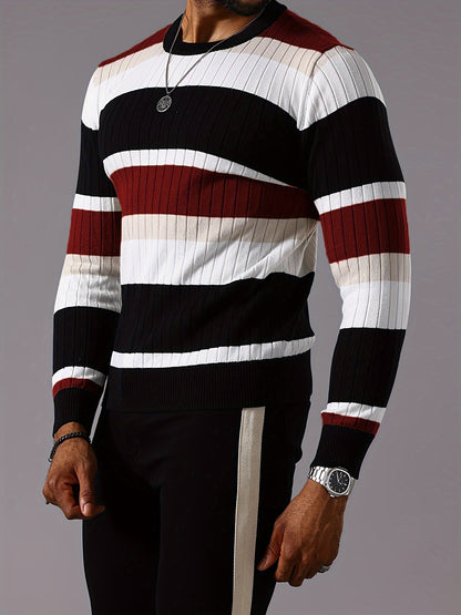 Men’s Striped Ribbed Knit Sweater – Color-Block Fall Winter Pullover