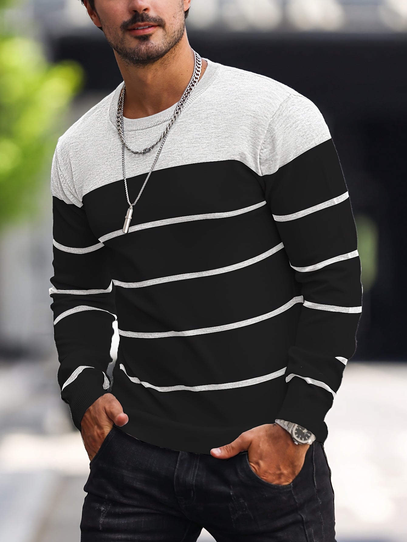 Pull tricoté rayé bleu marine pour homme – Col rond décontracté