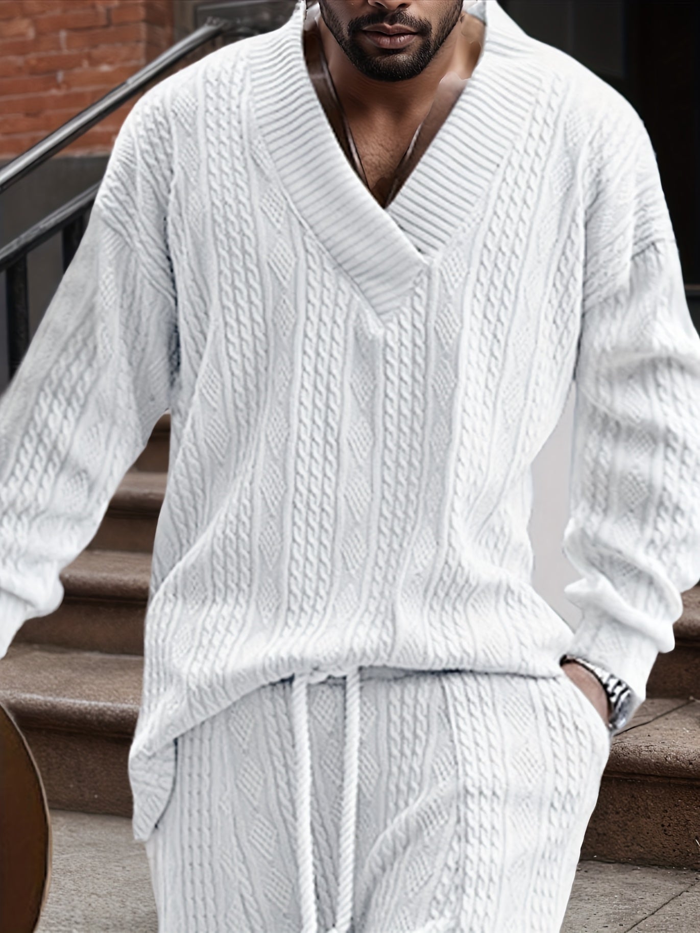 Pull décontracté pour homme en maille col V jacquard côtelé