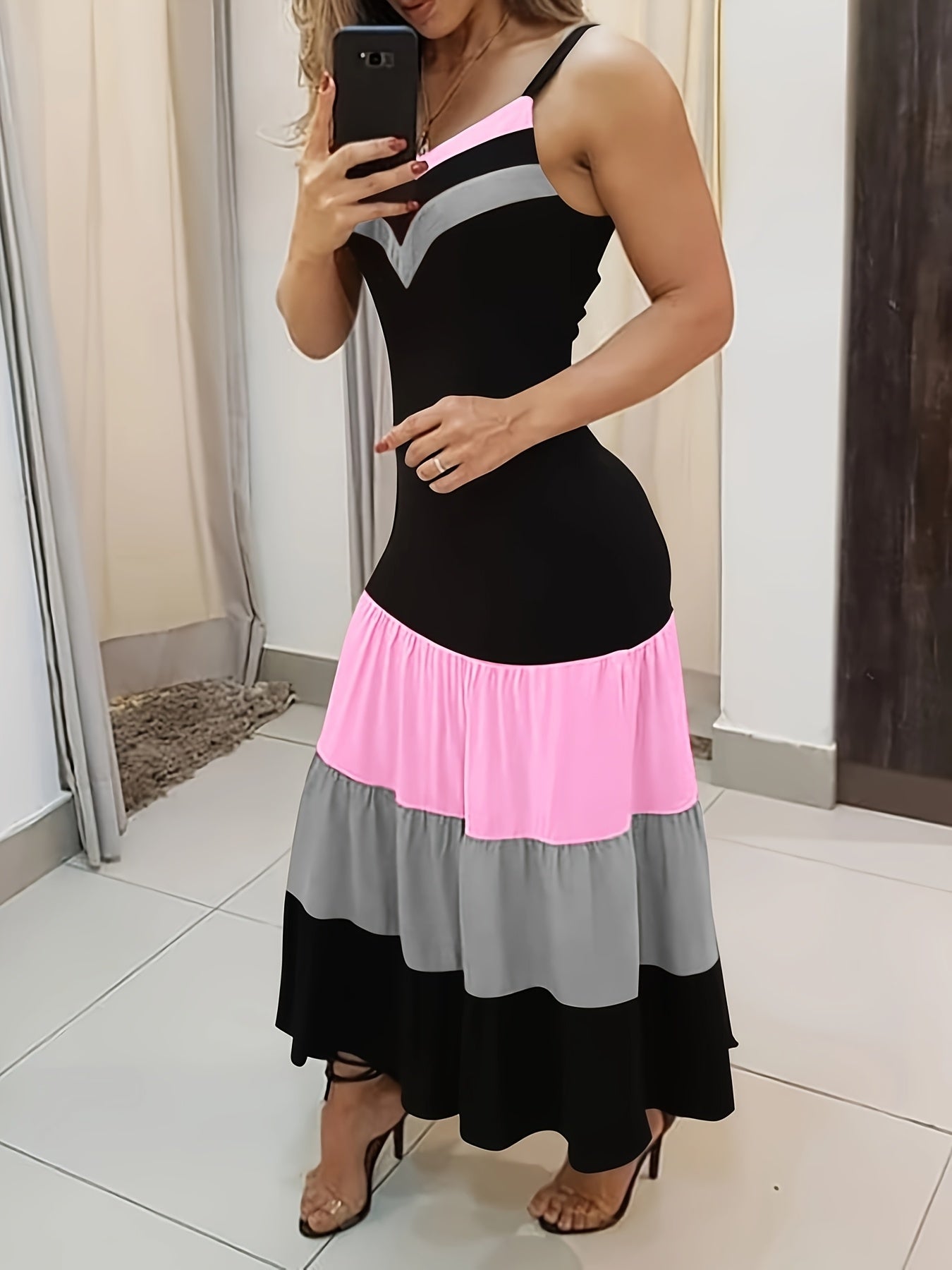 Colorblock Ruched Maxi Dress – Spaghetti Strap Ruffle Summer Dress