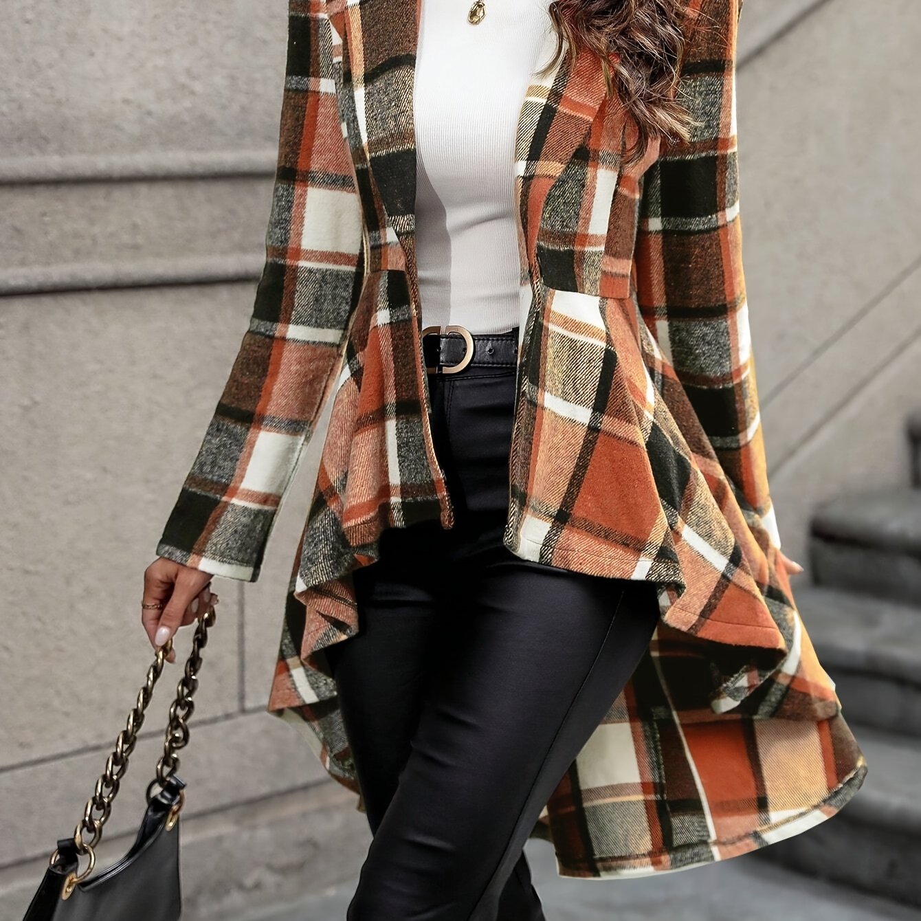 Women’s Plaid Flare Jacket – Button-Up High-Low Lapel Fall/Winter Coat