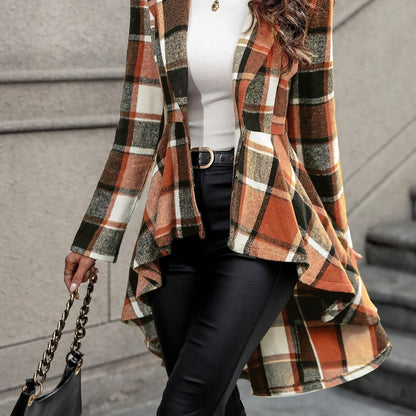 Women’s Plaid Flare Jacket – Button-Up High-Low Lapel Fall/Winter Coat