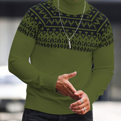 Suéter de cuello alto geométrico para hombre - Suéter informal de punto para otoño e invierno