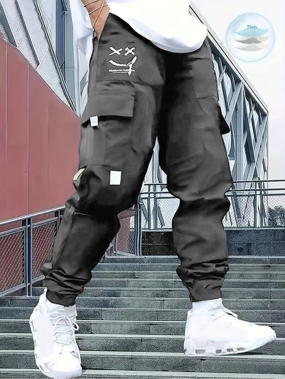 Men’s Joyful Face Work Overalls – Loose Multi-Pocket Cargo Pants