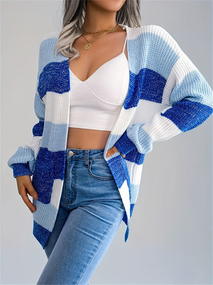 Women’s Color block Striped Cardigan – Puff Sleeve Winter Knit Sweater