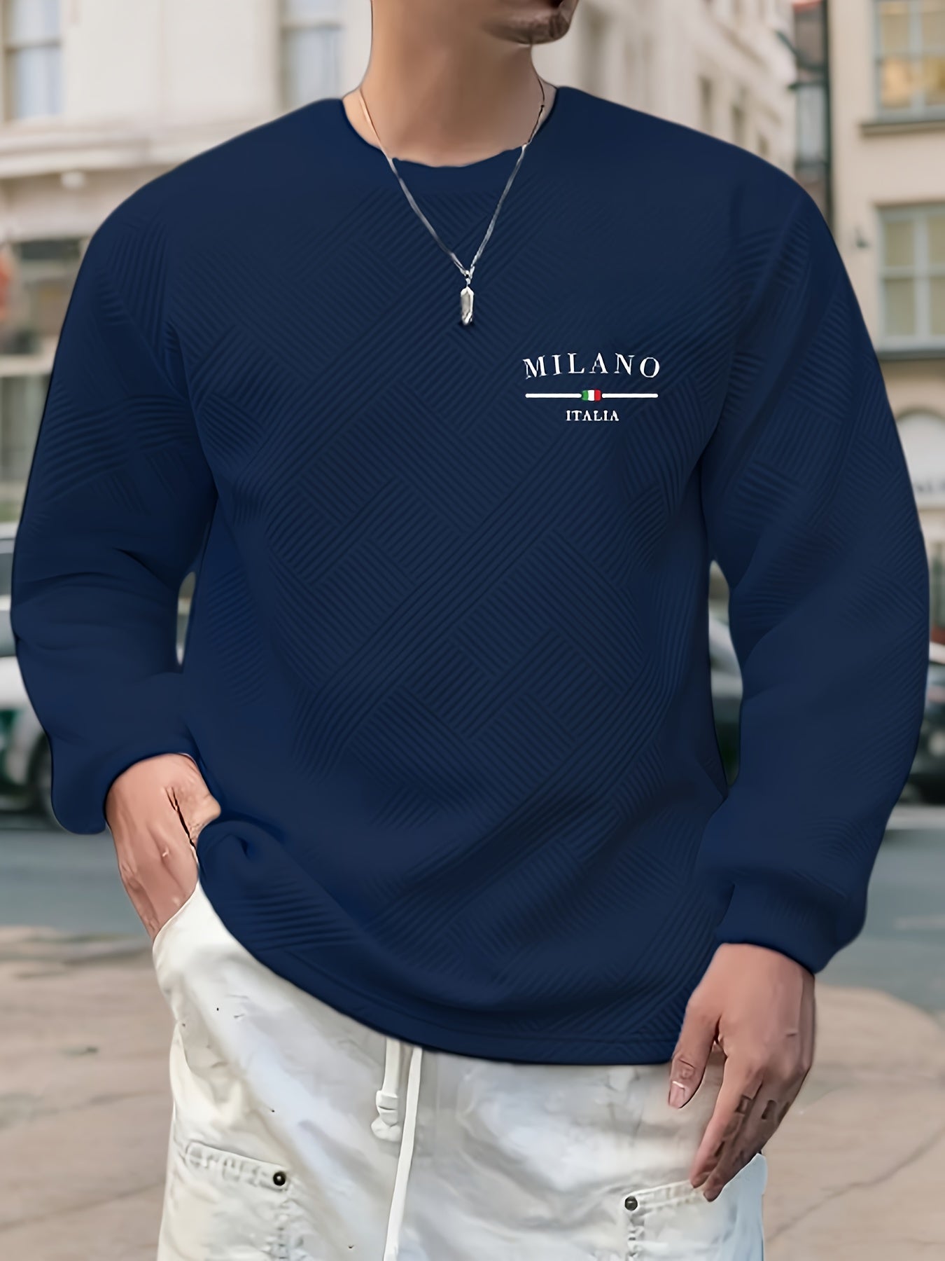 Sweat-shirt ras du cou jacquard homme – Pull décontracté à manches longues motifs géométriques