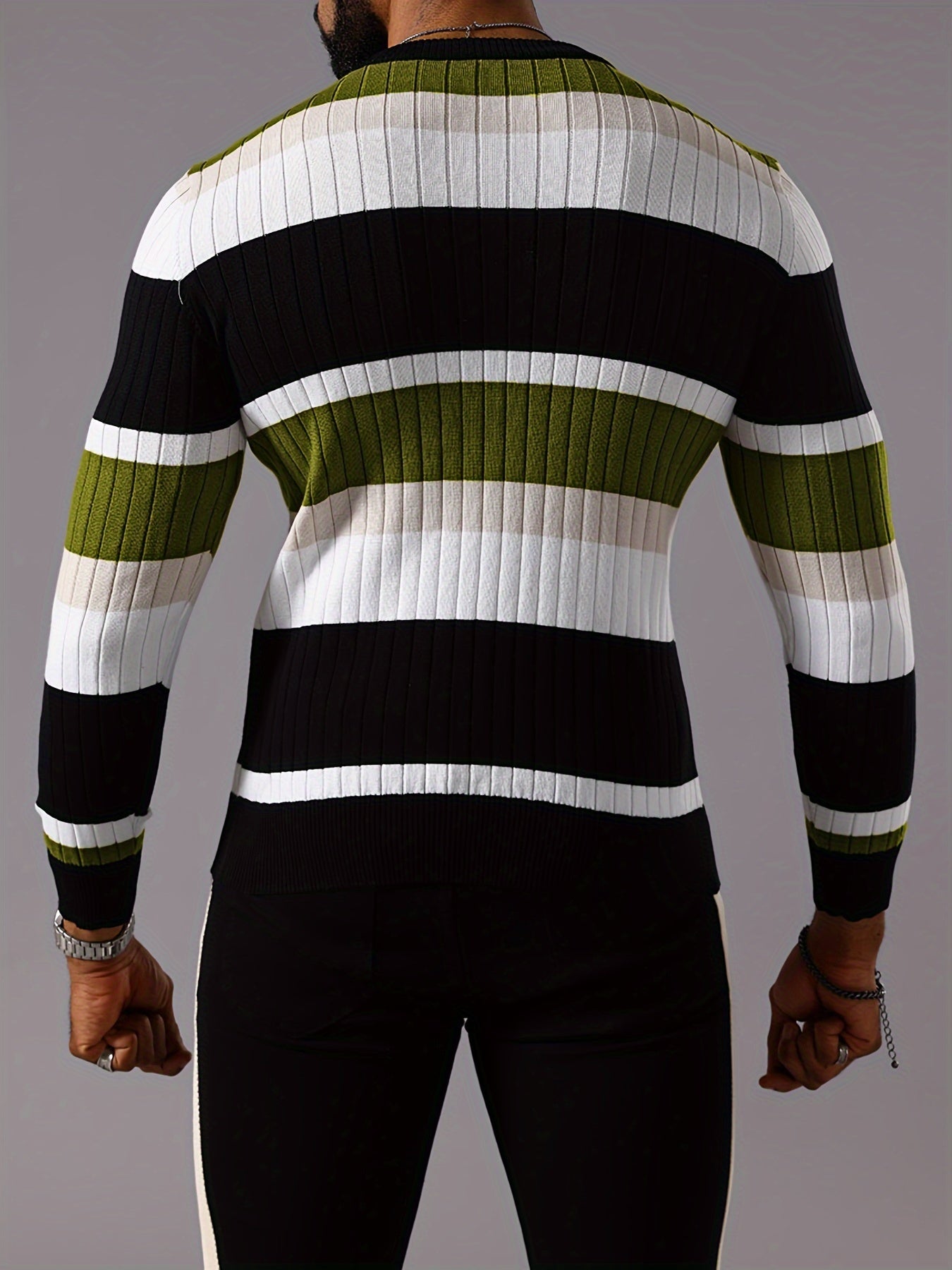 Men’s Striped Ribbed Knit Sweater – Color-Block Fall Winter Pullover
