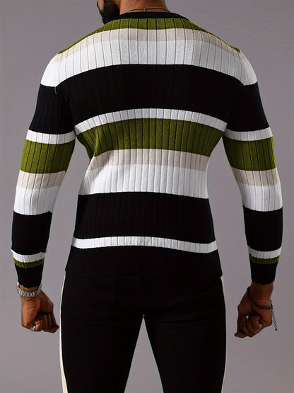 Men’s Striped Ribbed Knit Sweater – Color-Block Fall Winter Pullover