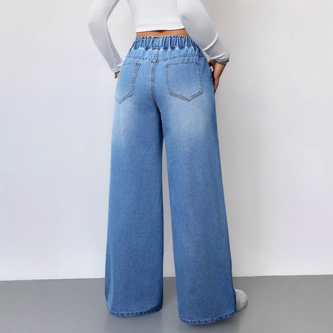 Women’s High-Waist Wide-Leg Jeans – 2025 Stretch Drawstring Denim
