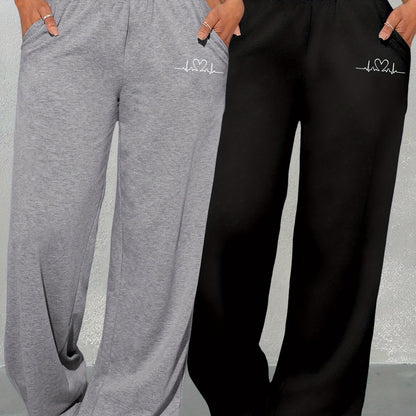 Women’s Geometric Love Print Two-Piece Set – Wide-Leg High-Waist Pants