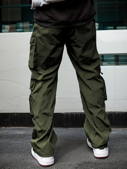 Men’s Green Cargo Pants – Loose Straight-Leg Elastic Waist Trousers