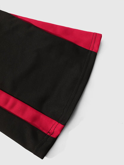 Men’s Black Flared Pants – Cross Print Streetwear Trousers with Red Stripe