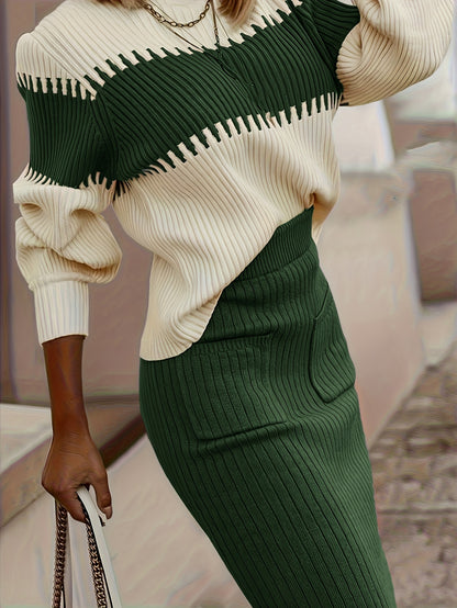 High Neck Color-Block Sweater & Skirt Set – Elegant Winter Two-Piece