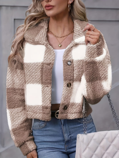 Women’s Plaid Teddy Coat – Button-Up Warm Checkered Fall/Winter Outerwear