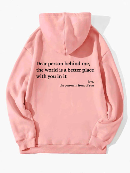 Loom & Soul “Dear Person Behind Me” Hoodie – Women’s Plush Printed Pullover with Kangaroo Pocket & Drawstring Hood (Unisex, Multiple Colors)