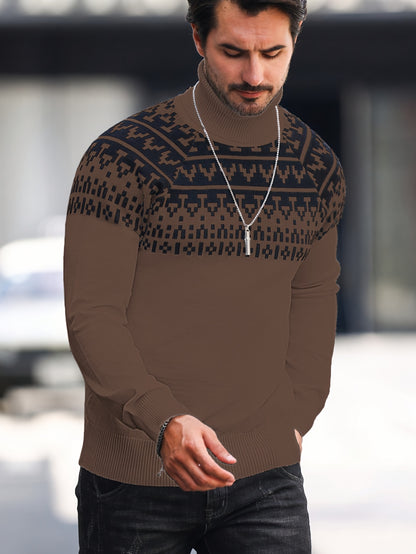 Suéter de cuello alto geométrico para hombre - Suéter informal de punto para otoño e invierno