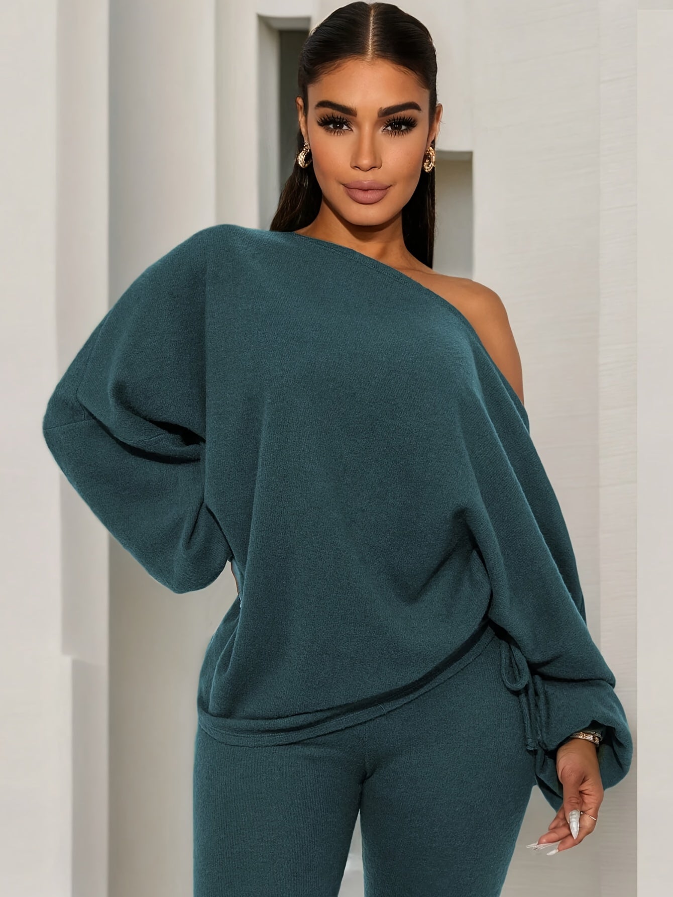 Women’s One-Shoulder 2-Piece Set – Lantern Sleeve Top & Skinny Leggings