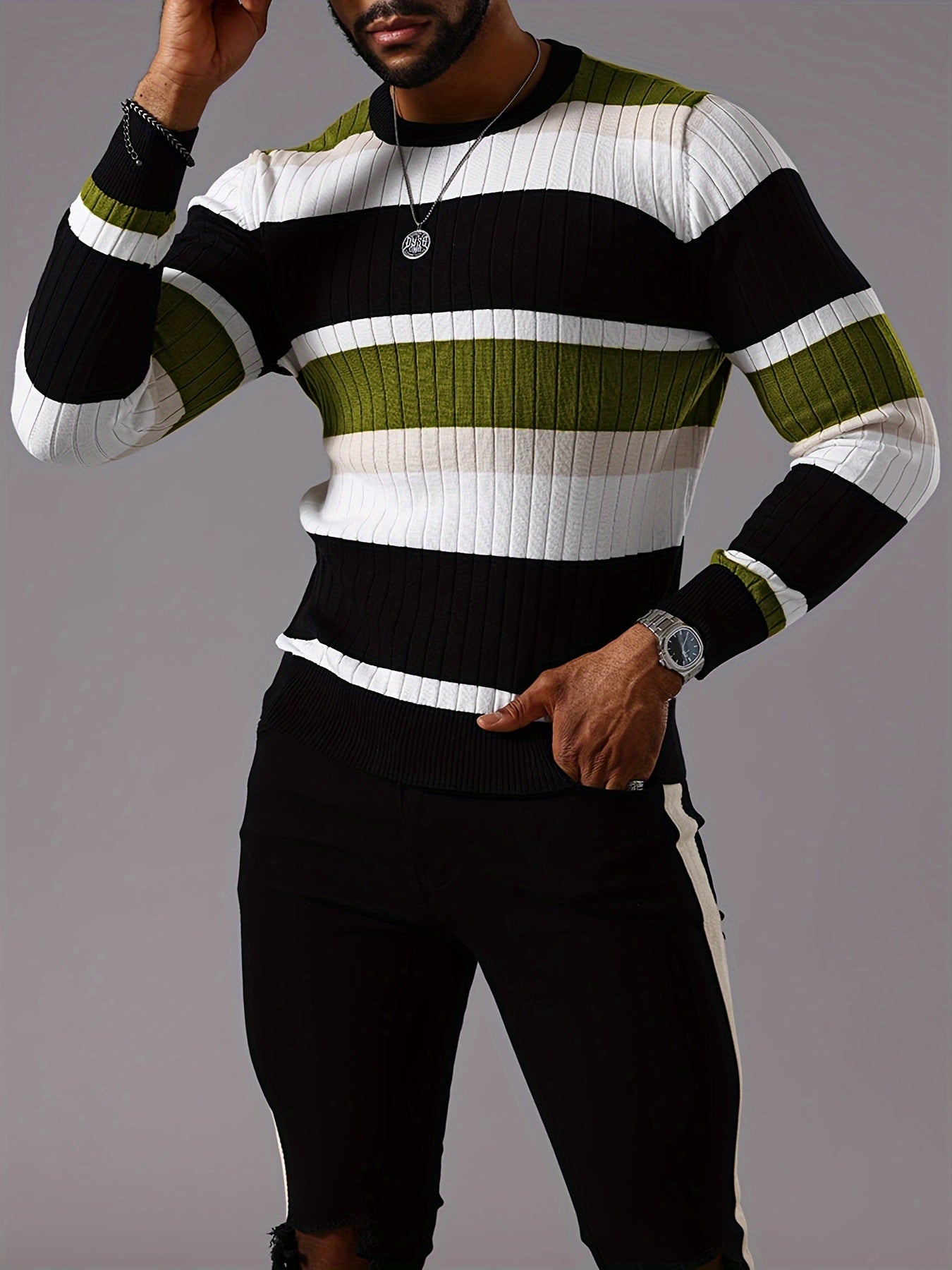 Men’s Striped Ribbed Knit Sweater – Color-Block Fall Winter Pullover