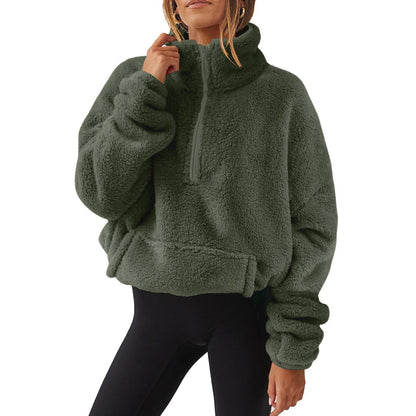 Women’s Velvet Fleece Half-Zip Sweater – Stand Collar Winter Pullover