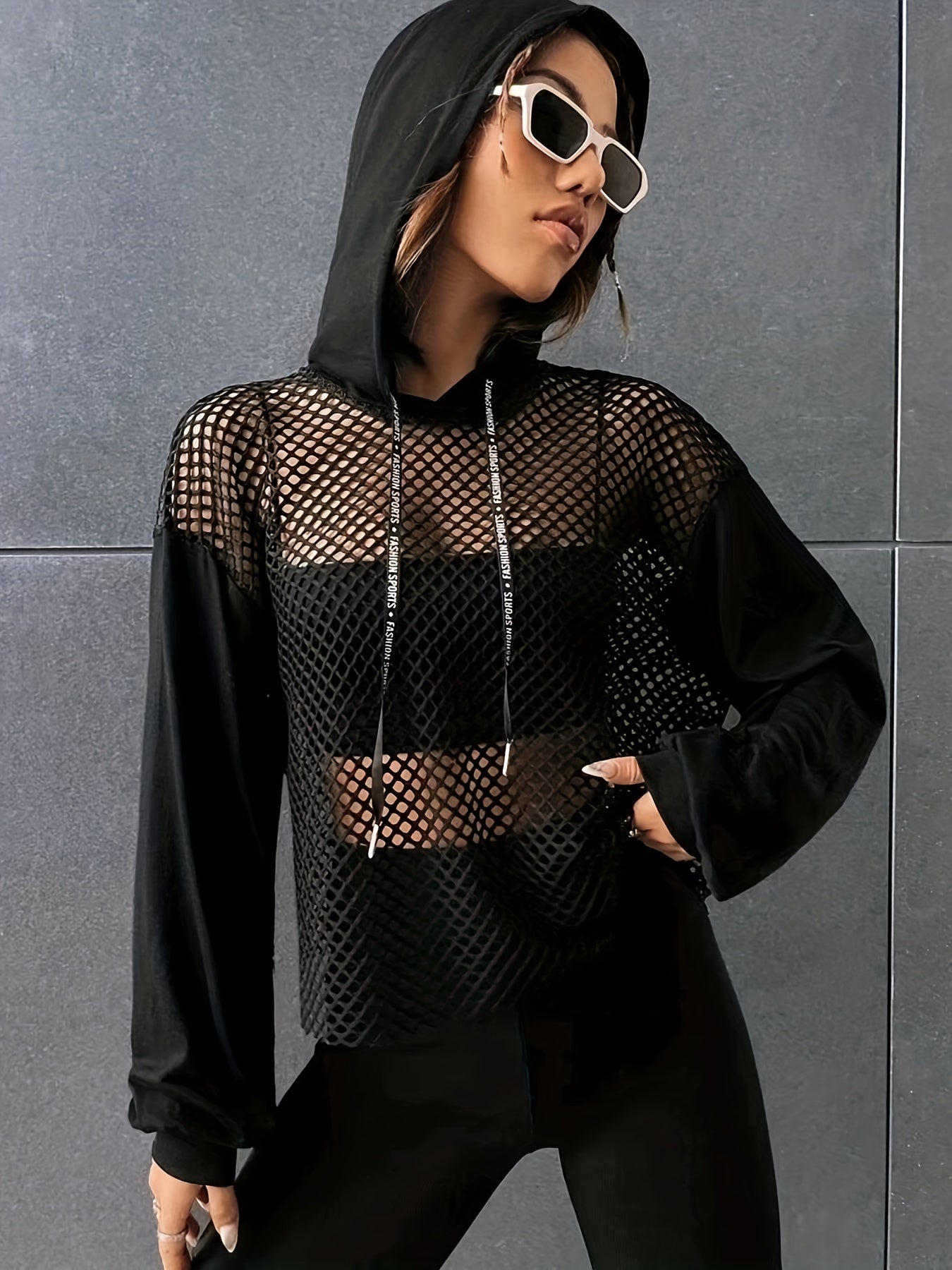 Y2K Mesh Hooded Long Sleeve Tee – Women’s Contrast Sheer Street Top