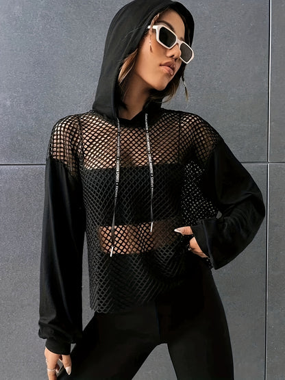 Y2K Mesh Hooded Long Sleeve Tee – Women’s Contrast Sheer Street Top