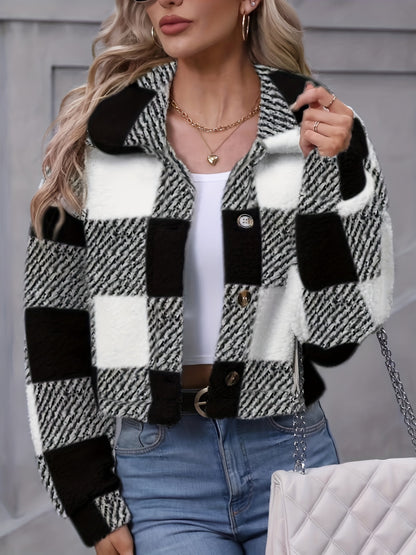 Women’s Plaid Teddy Coat – Button-Up Warm Checkered Fall/Winter Outerwear