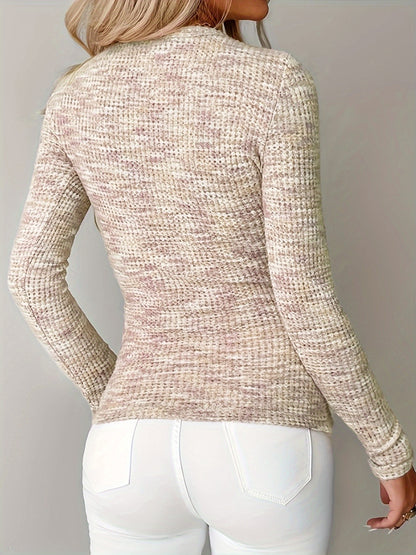 Women’s Soft Beige Long Sleeve T-Shirt – Crew Neck Casual Pocket Top