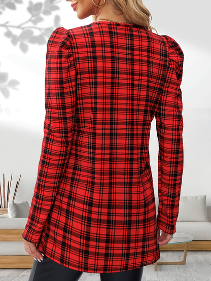 Women’s Houndstooth Cardigan – Elegant Puff-Sleeve Knit Jacket