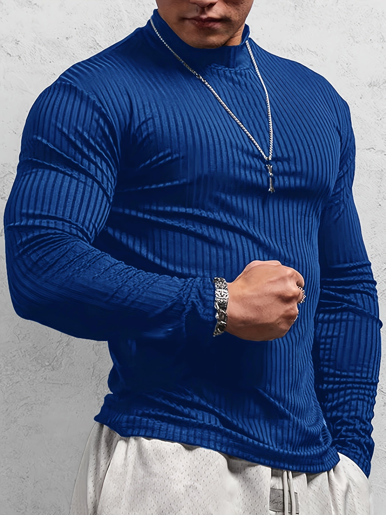 T-shirt côtelé ajusté à manches longues pour homme – Col montant athlétique