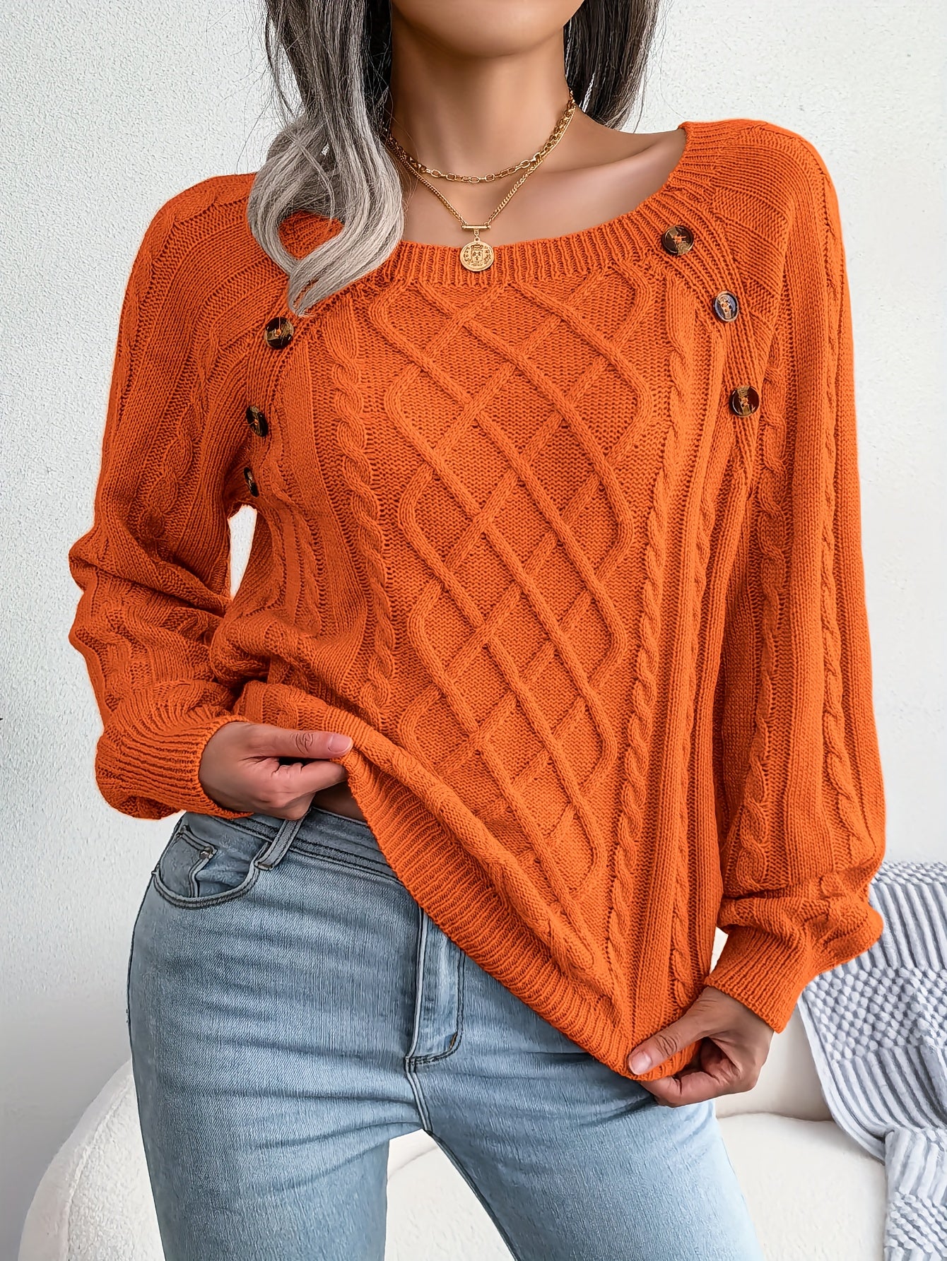Women’s Textured Lantern Sleeve Sweater – Button Detail Knit Top