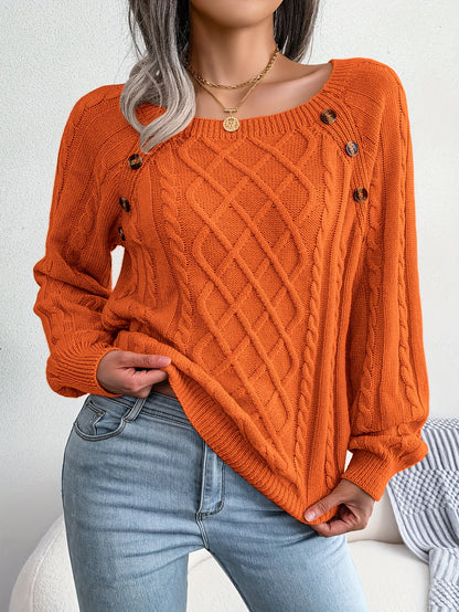 Women’s Textured Lantern Sleeve Sweater – Button Detail Knit Top