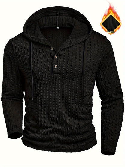 Camisa Henley con capucha para hombre – Sudadera texturizada informal de manga larga con cordón