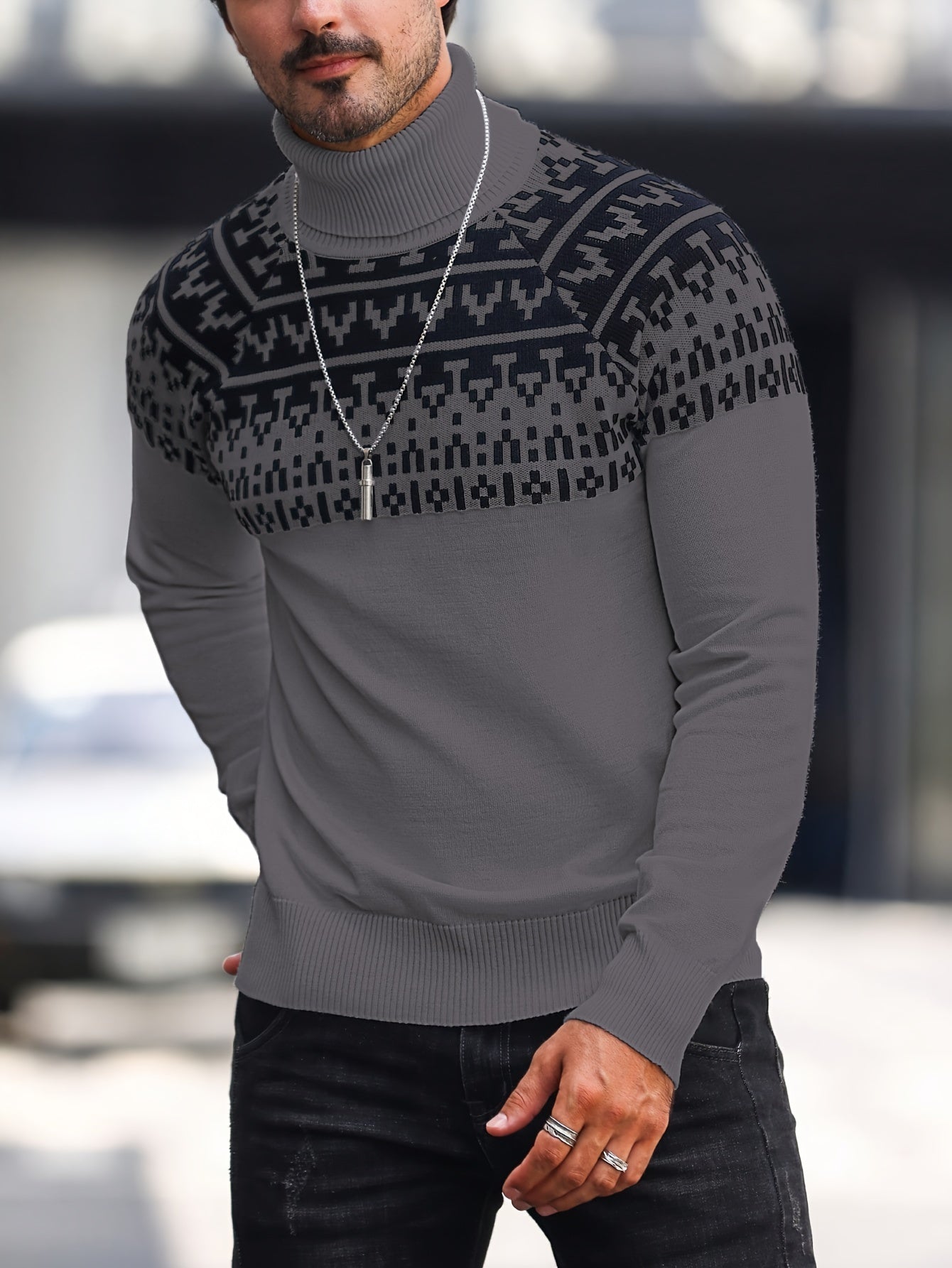 Suéter de cuello alto geométrico para hombre - Suéter informal de punto para otoño e invierno