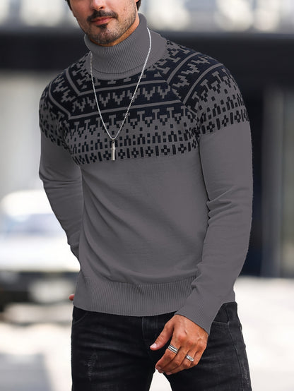 Suéter de cuello alto geométrico para hombre - Suéter informal de punto para otoño e invierno
