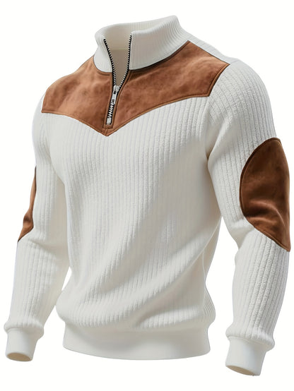 Men’s Stand Collar Half-Zip Pullover – Warm Ribbed Retro Sweatshirt