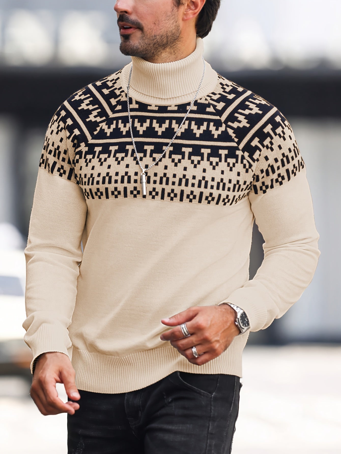 Suéter de cuello alto geométrico para hombre - Suéter informal de punto para otoño e invierno