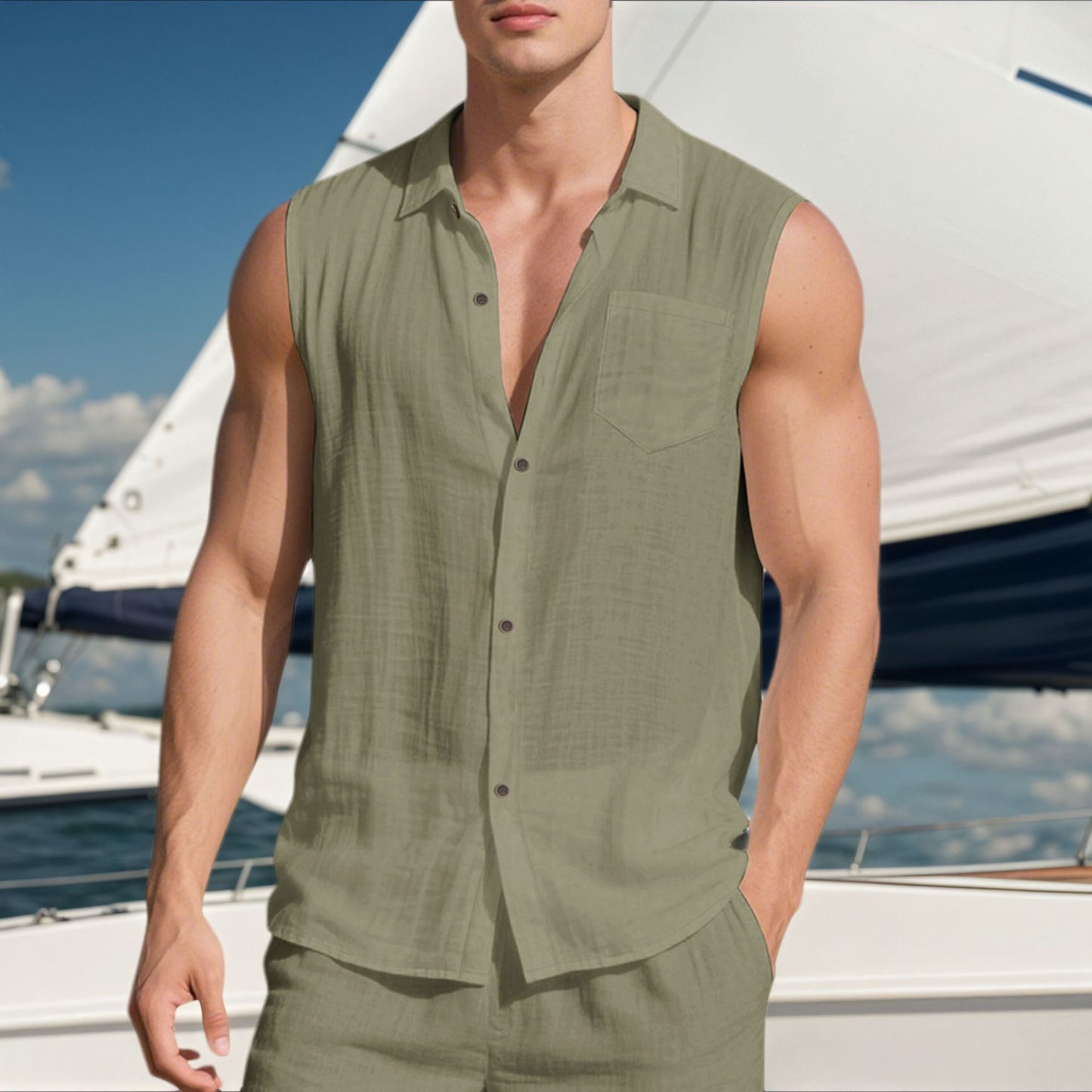 Men’s Linen Sleeveless Shirt – Open Lapel Summer Layer