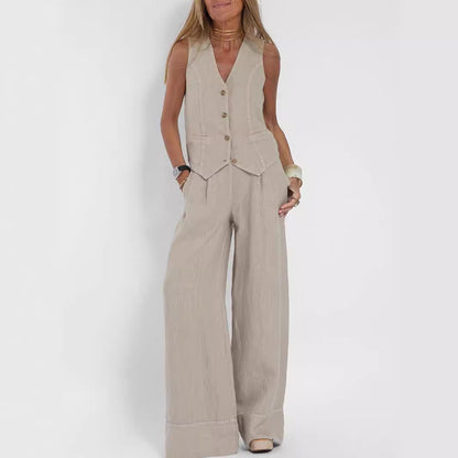 Loom & Soul™ Women’s Cotton-Linen Vest Suit – Sleeveless V-Neck Top & Loose Straight Trousers Set