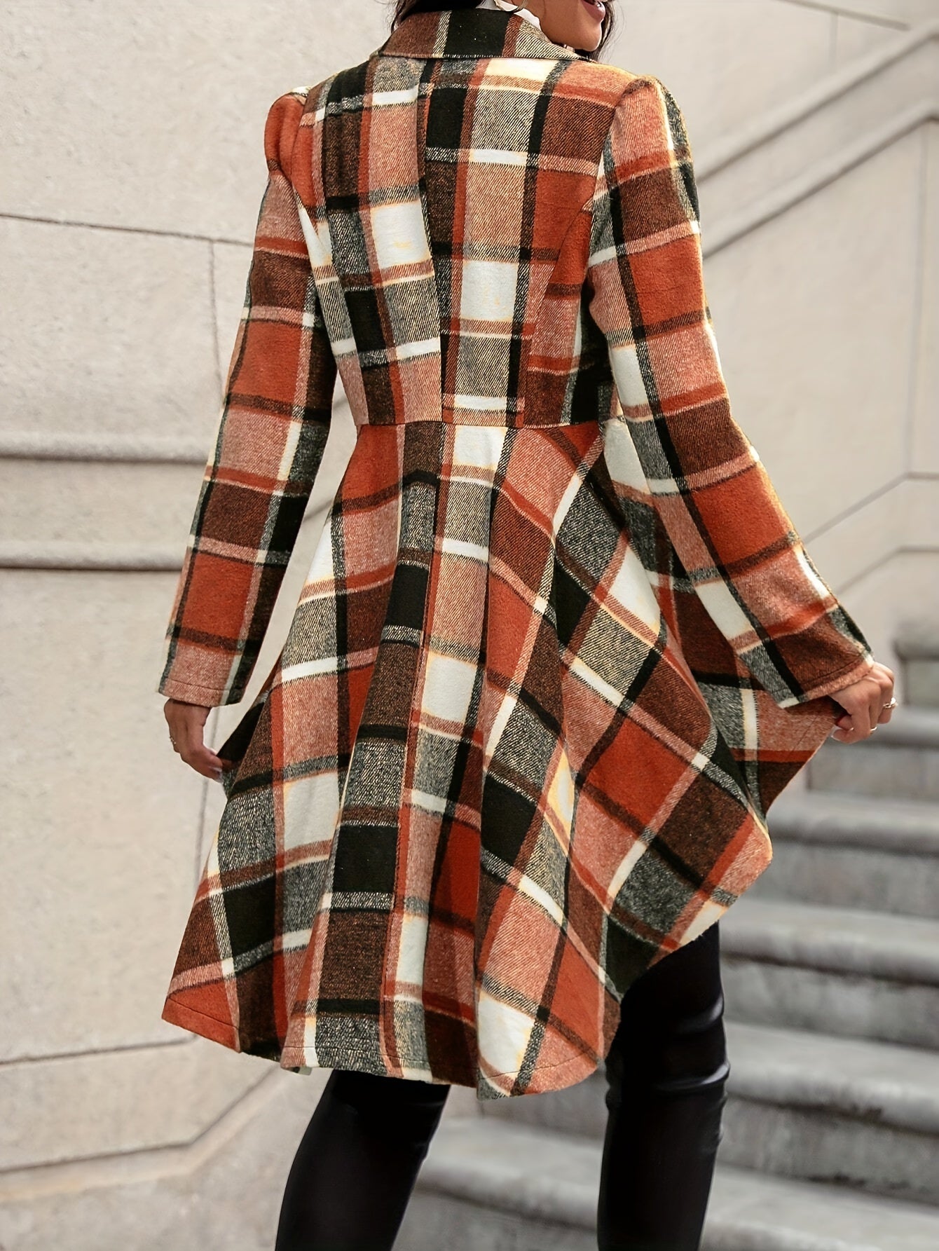 Women’s Plaid Flare Jacket – Button-Up High-Low Lapel Fall/Winter Coat