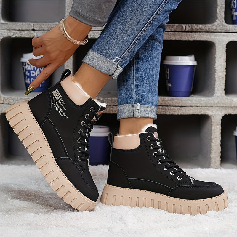 Women’s Fleece-Lined High-Top Ankle Boots – Thick Sole Casual Winter Shoes